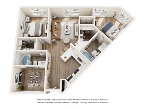 A 3D floor plan of a small apartment with a kitchen, living room, and bedroom.